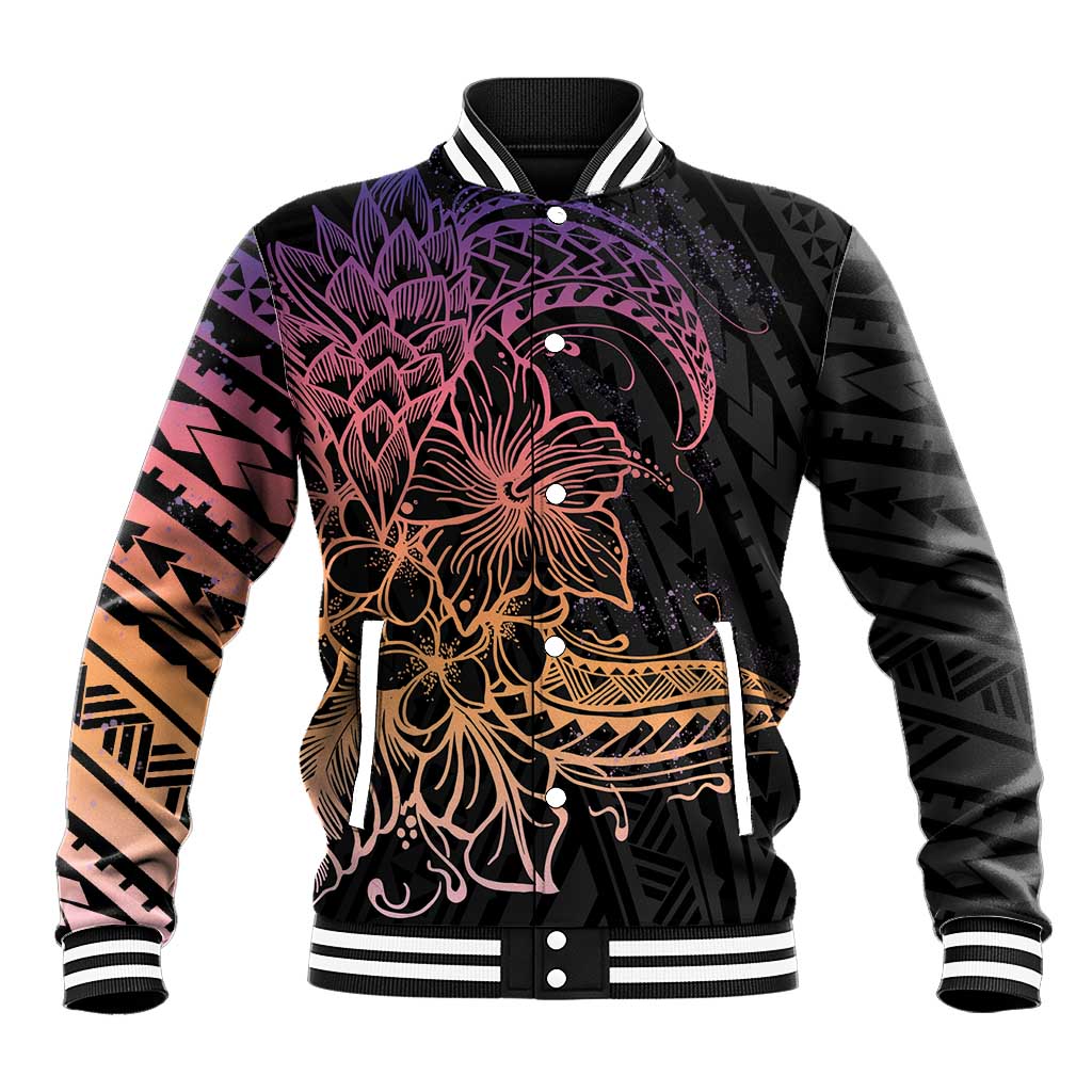 Floral Polynesian Hibiscus Tattoo Baseball Jacket Peach Gradient Style