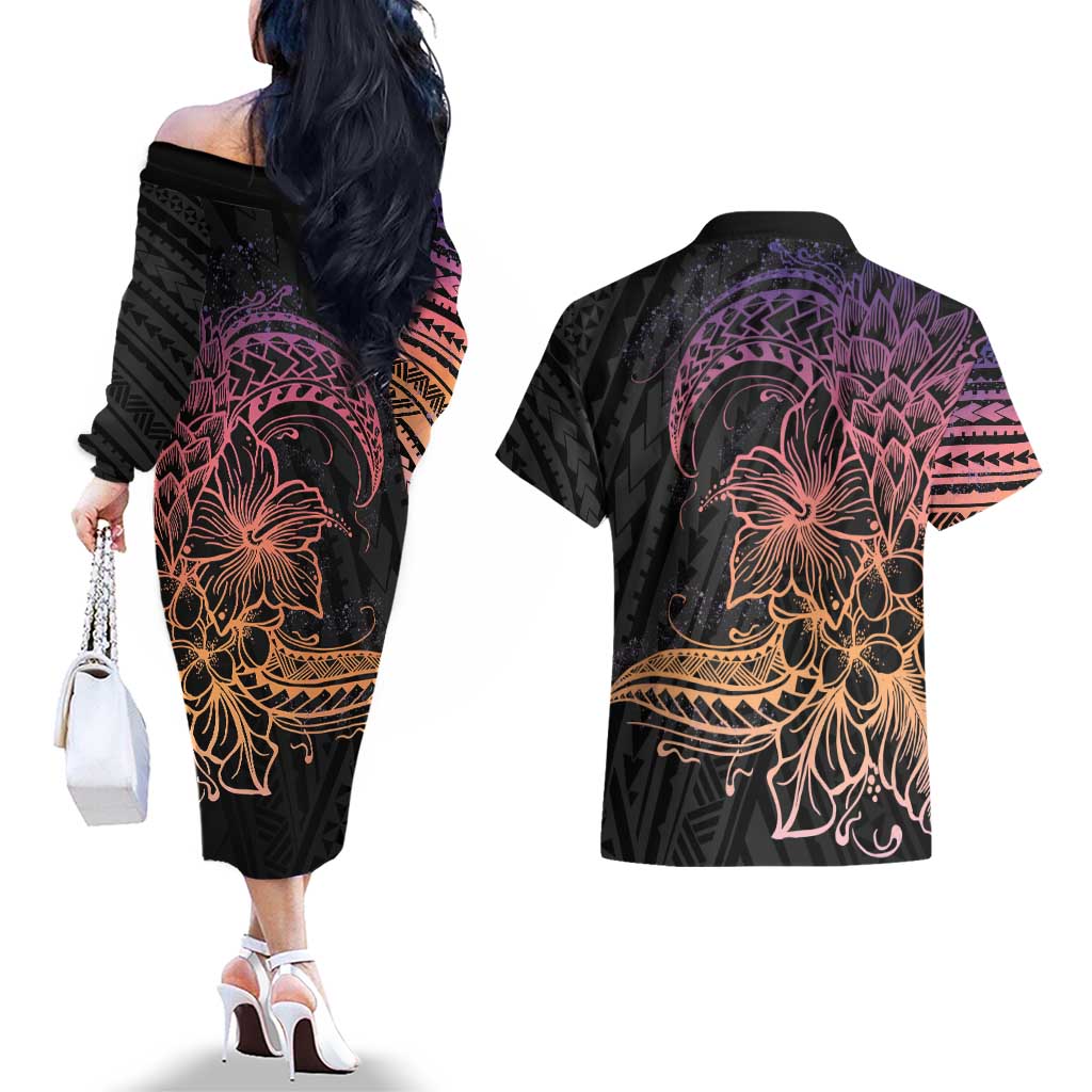 Floral Polynesian Hibiscus Tattoo Couples Matching Off The Shoulder Long Sleeve Dress and Hawaiian Shirt Peach Gradient Style