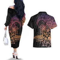 Floral Polynesian Hibiscus Tattoo Couples Matching Off The Shoulder Long Sleeve Dress and Hawaiian Shirt Peach Gradient Style