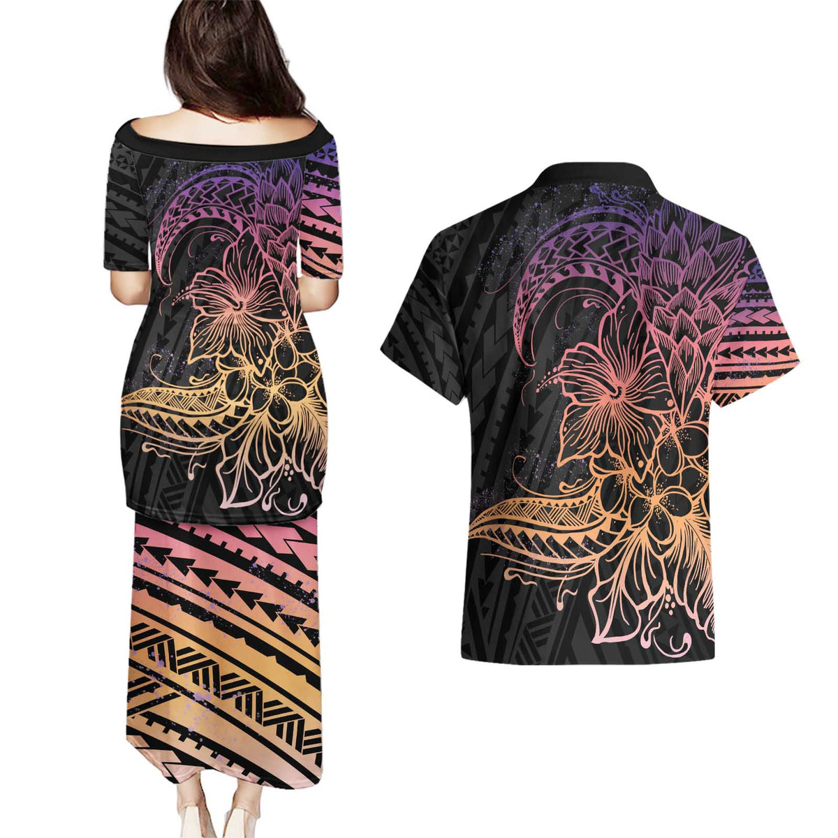 Floral Polynesian Hibiscus Tattoo Couples Matching Puletasi and Hawaiian Shirt Peach Gradient Style