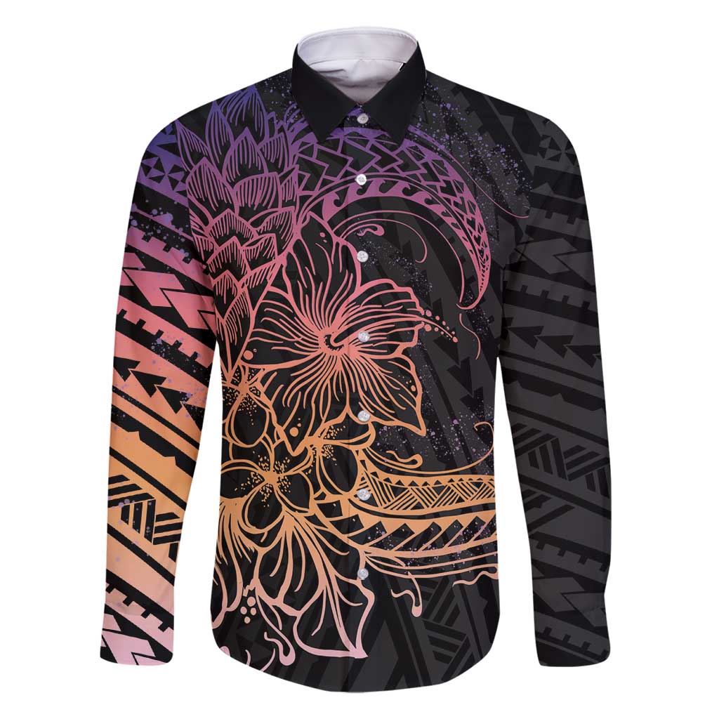 Floral Polynesian Hibiscus Tattoo Family Matching Long Sleeve Bodycon Dress and Hawaiian Shirt Peach Gradient Style LT9 Dad's Shirt - Long Sleeve Peach - Polynesian Pride
