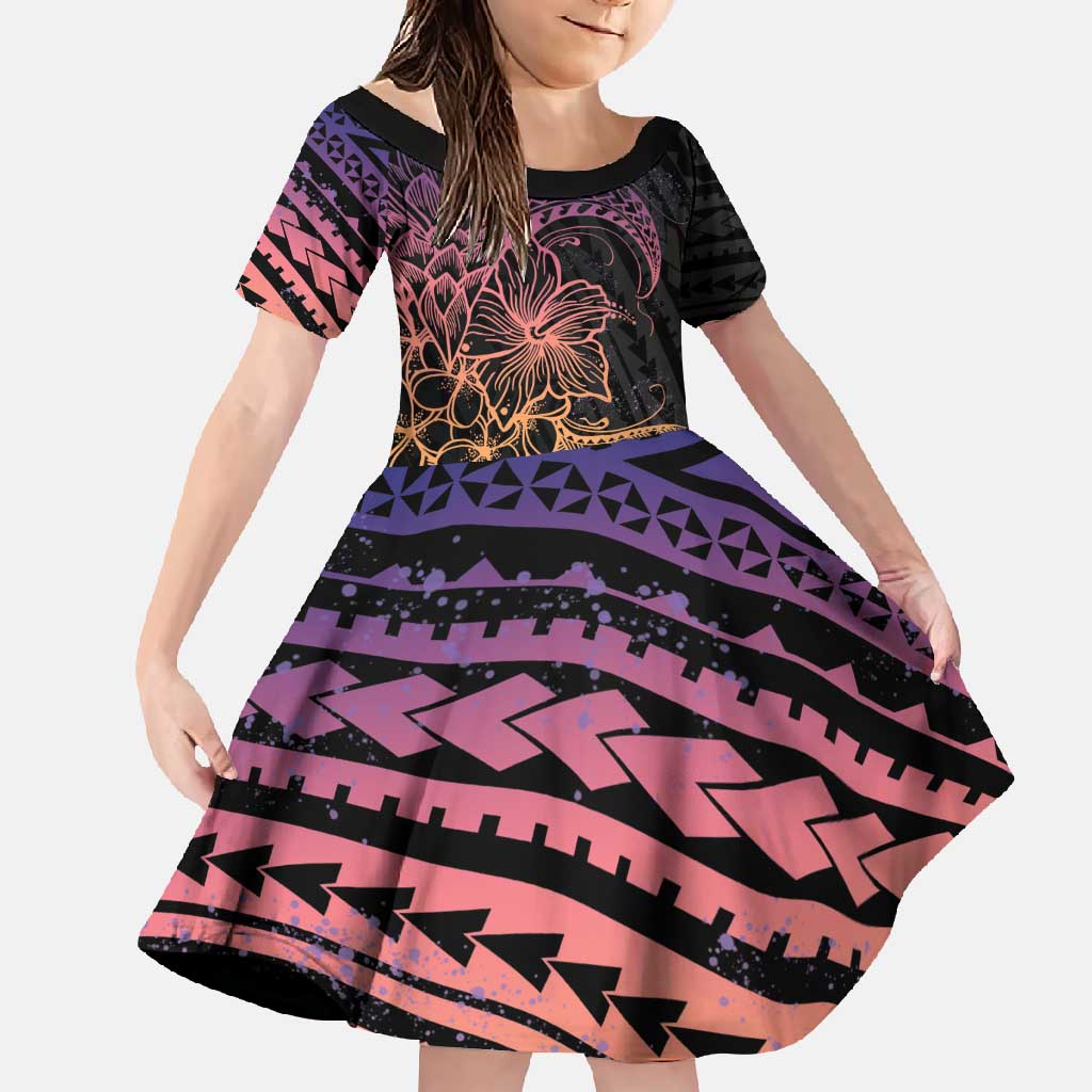 Floral Polynesian Hibiscus Tattoo Family Matching Mermaid Dress and Hawaiian Shirt Peach Gradient Style LT9 Daughter's Dress Peach - Polynesian Pride
