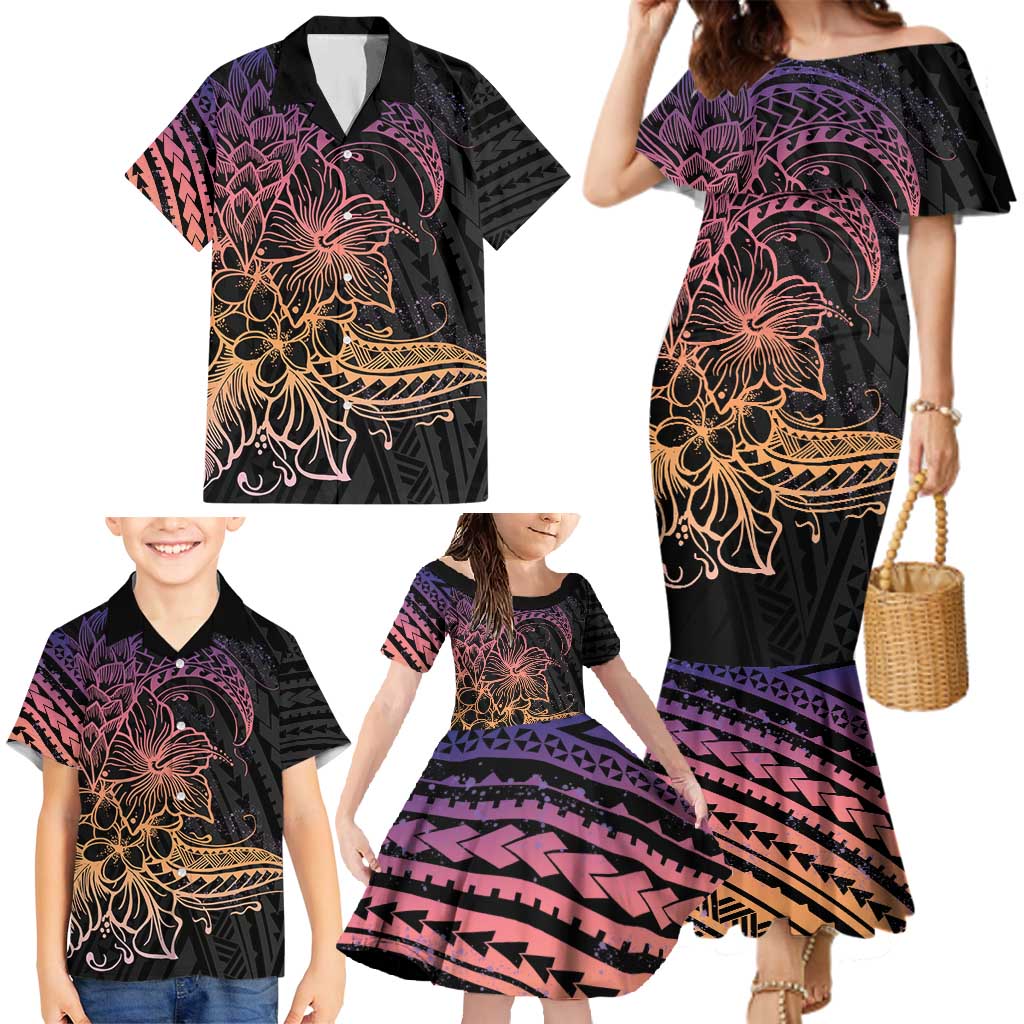 Floral Polynesian Hibiscus Tattoo Family Matching Mermaid Dress and Hawaiian Shirt Peach Gradient Style LT9 - Polynesian Pride