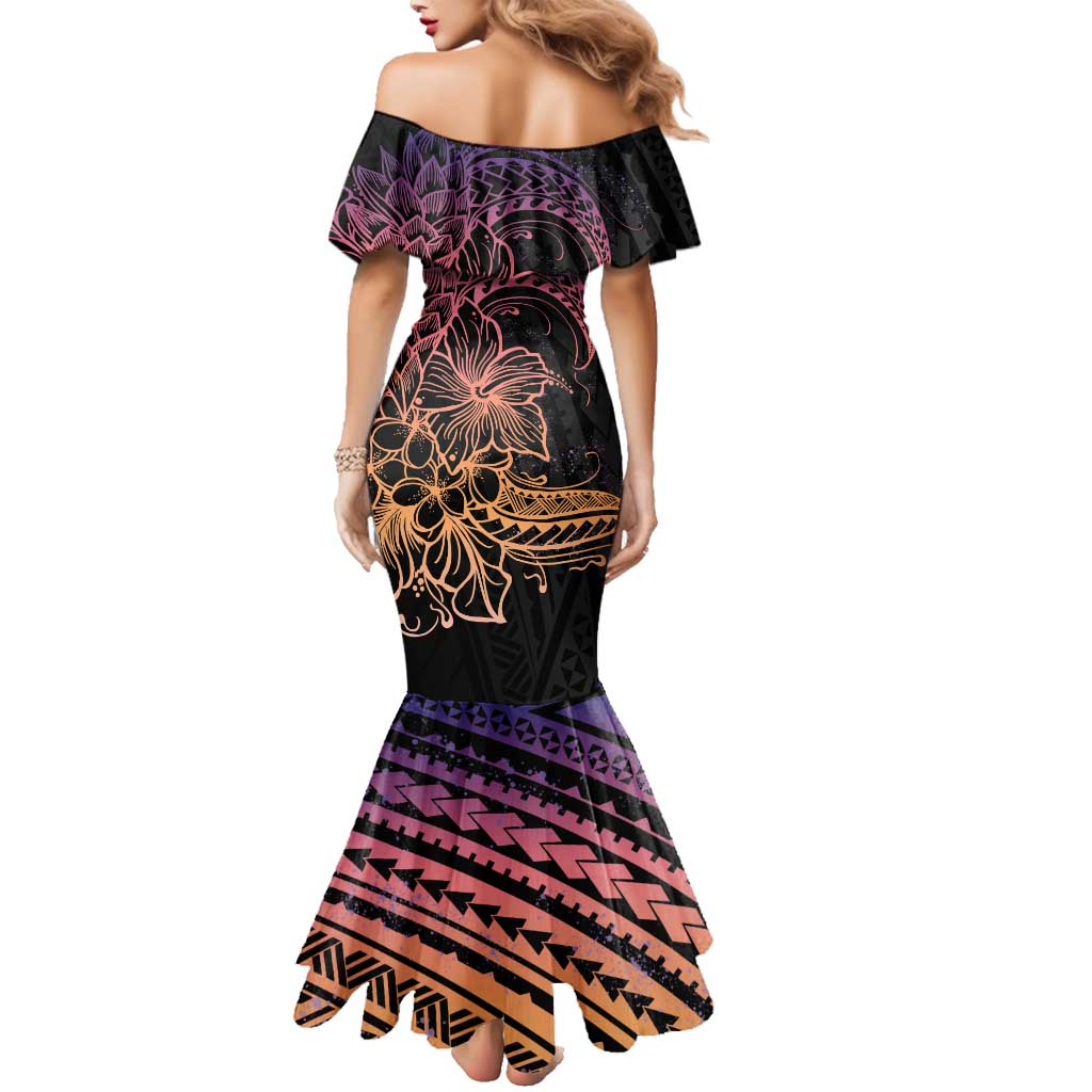 Floral Polynesian Hibiscus Tattoo Family Matching Mermaid Dress and Hawaiian Shirt Peach Gradient Style LT9 - Polynesian Pride