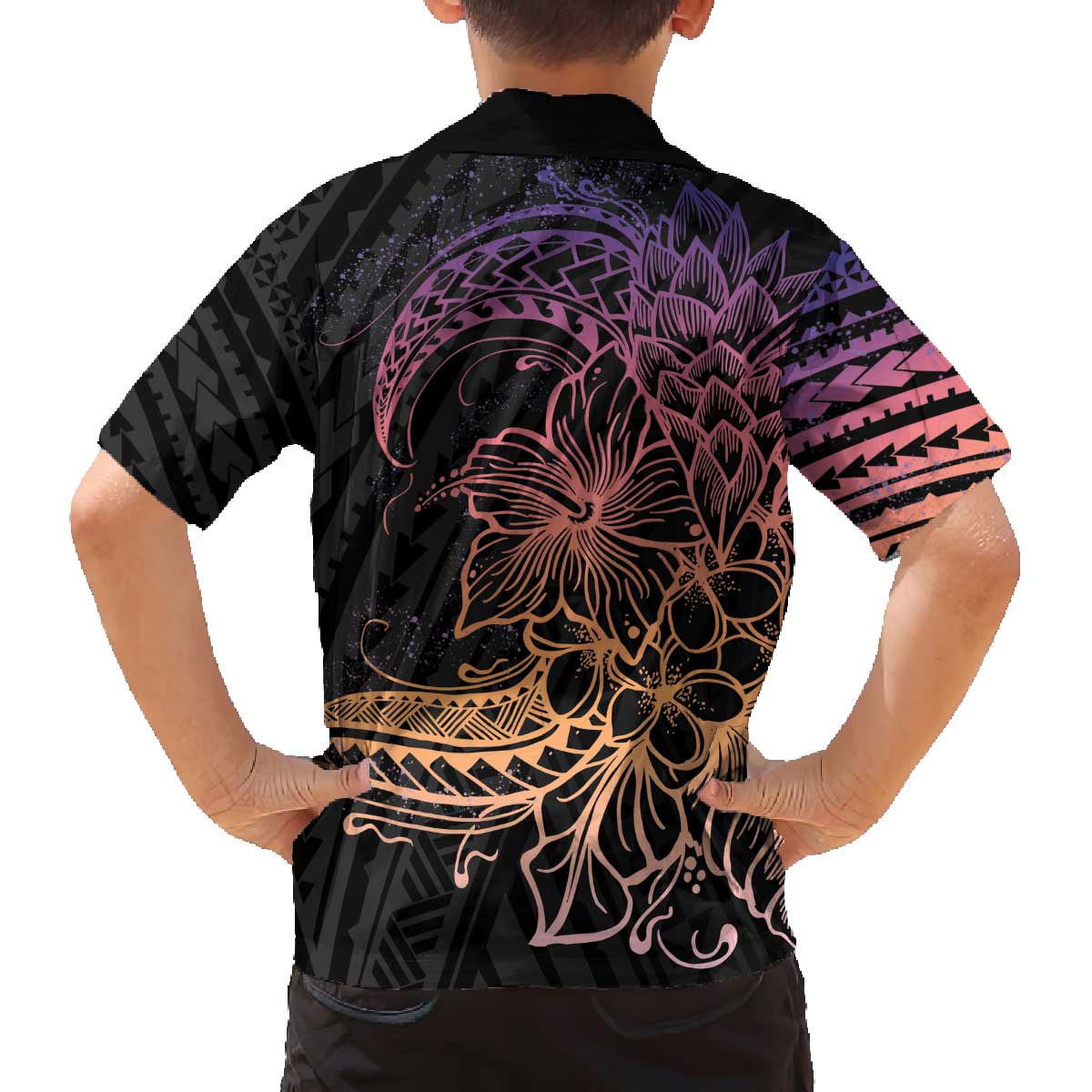 Floral Polynesian Hibiscus Tattoo Family Matching Off The Shoulder Long Sleeve Dress and Hawaiian Shirt Peach Gradient Style LT9 - Polynesian Pride