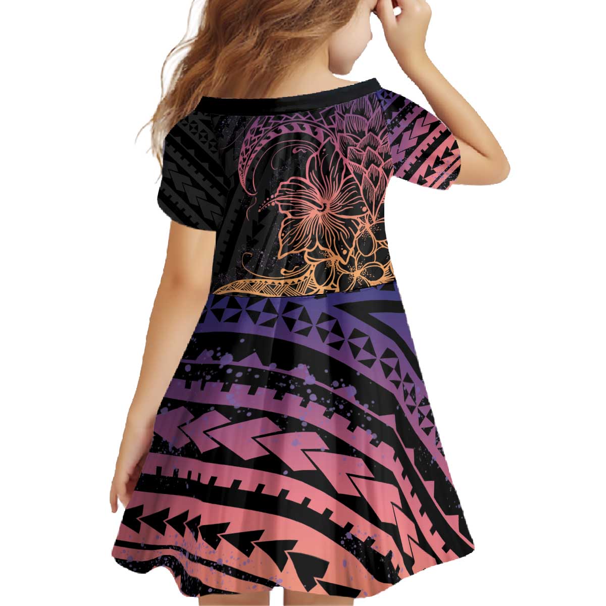 Floral Polynesian Hibiscus Tattoo Family Matching Off The Shoulder Long Sleeve Dress and Hawaiian Shirt Peach Gradient Style LT9 - Polynesian Pride