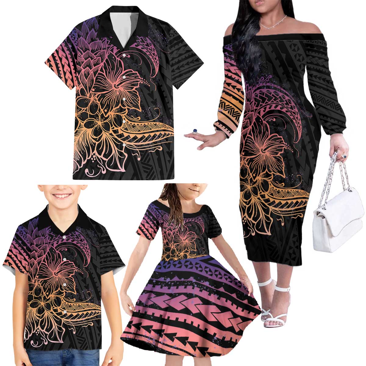 Floral Polynesian Hibiscus Tattoo Family Matching Off The Shoulder Long Sleeve Dress and Hawaiian Shirt Peach Gradient Style LT9 - Polynesian Pride