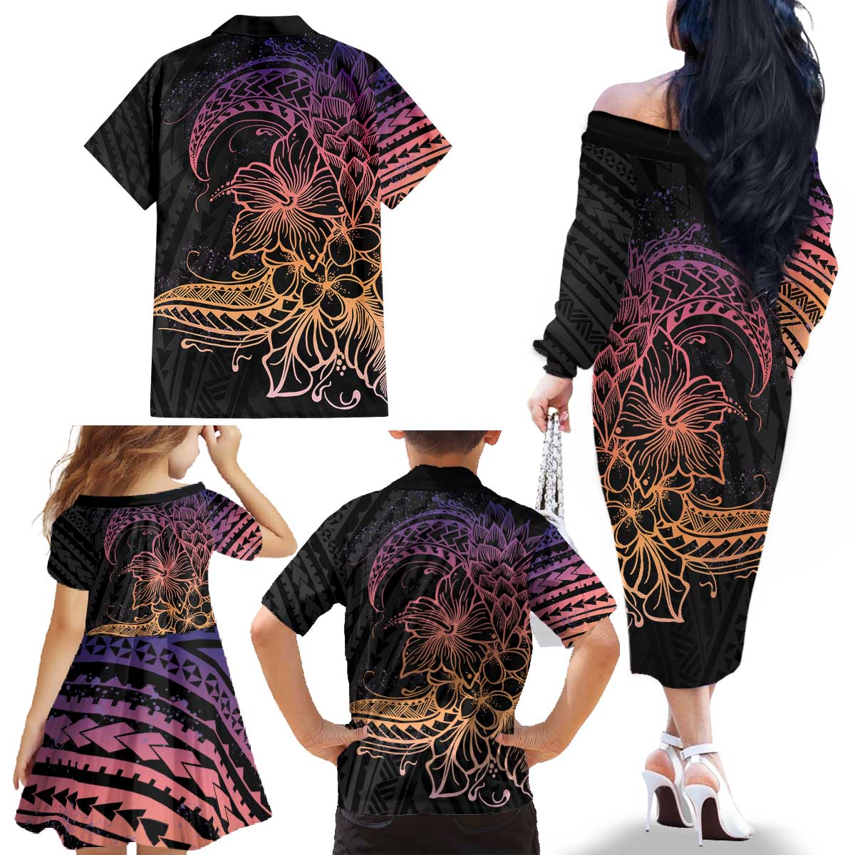 Floral Polynesian Hibiscus Tattoo Family Matching Off The Shoulder Long Sleeve Dress and Hawaiian Shirt Peach Gradient Style LT9 - Polynesian Pride