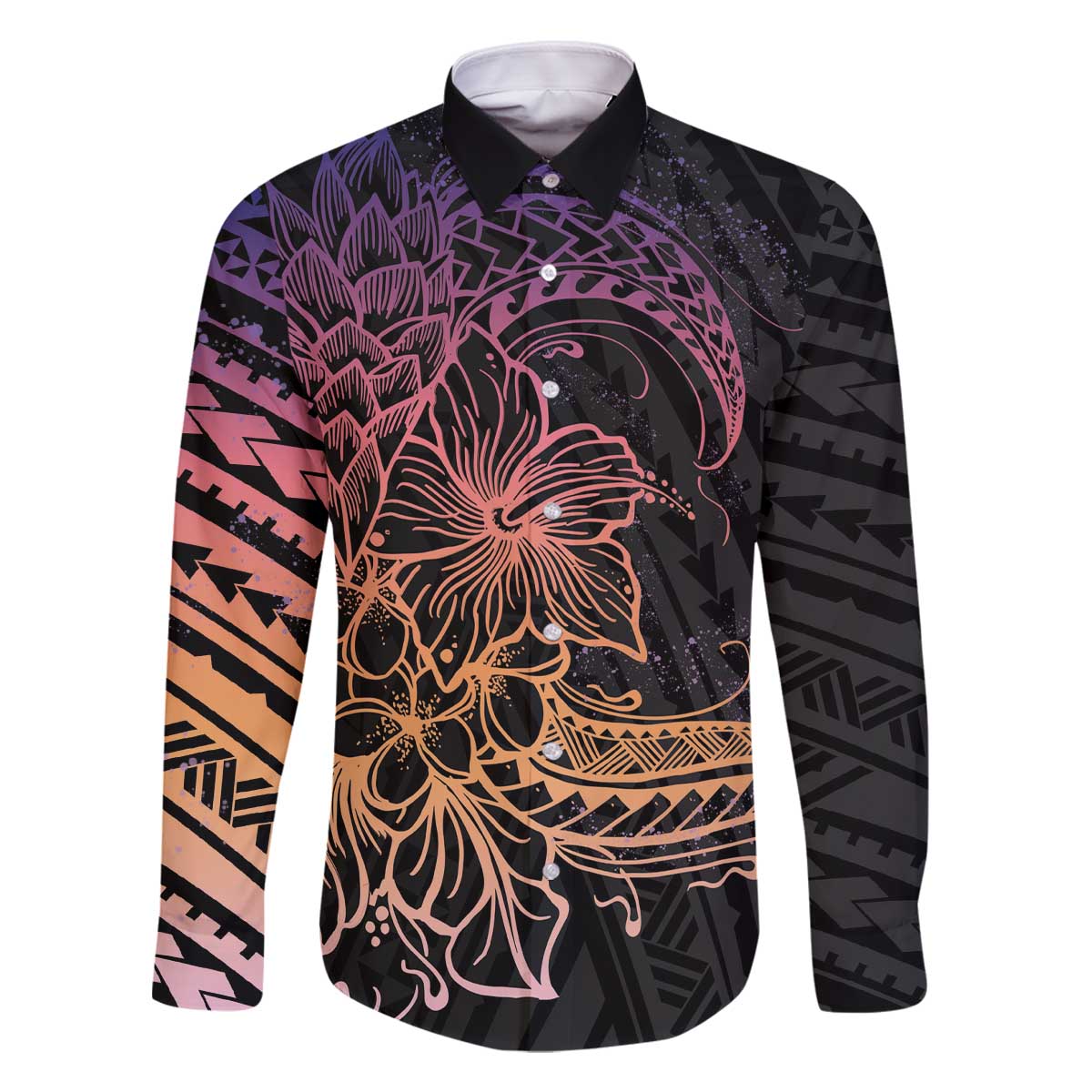 Floral Polynesian Hibiscus Tattoo Family Matching Off The Shoulder Long Sleeve Dress and Hawaiian Shirt Peach Gradient Style LT9 Dad's Shirt - Long Sleeve Peach - Polynesian Pride
