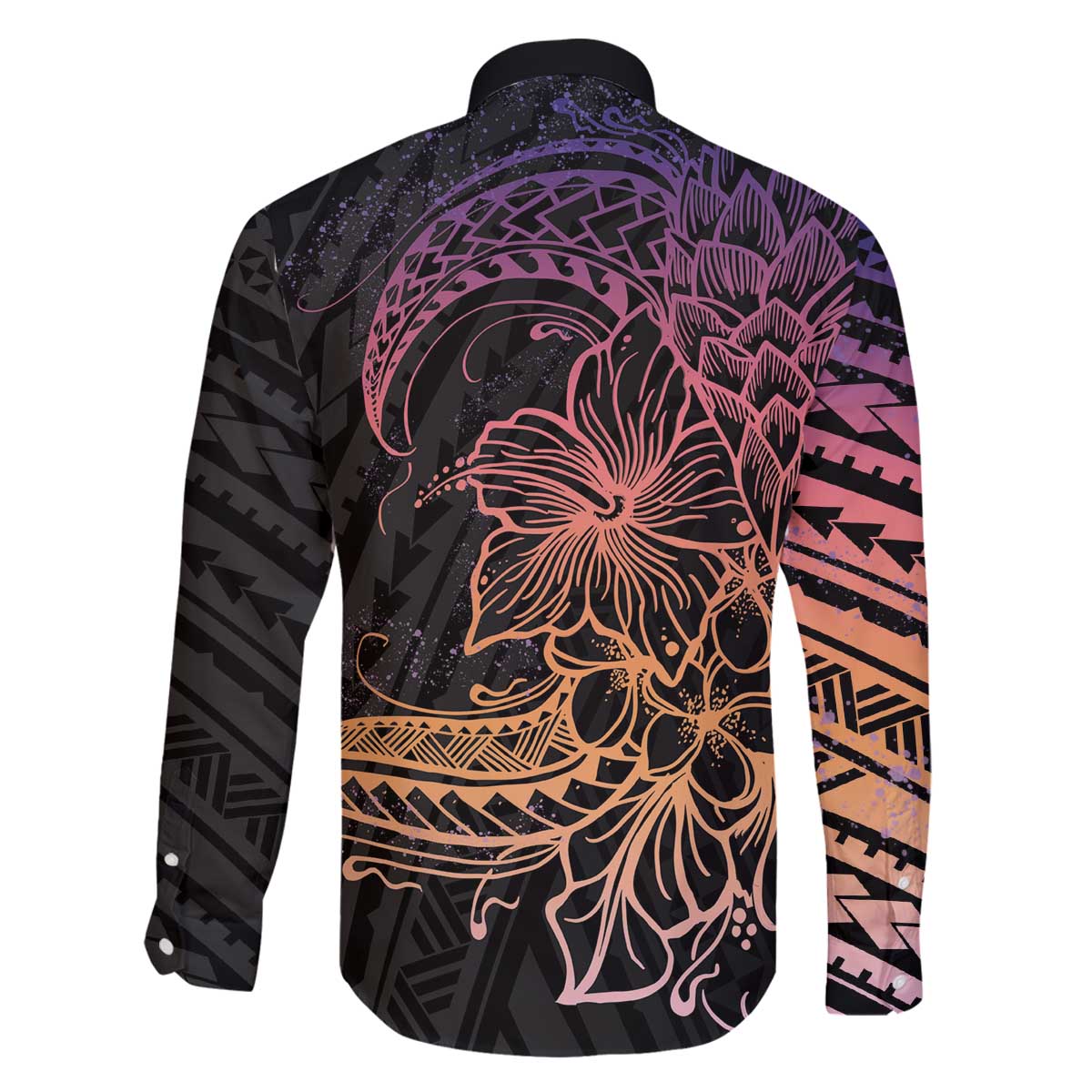 Floral Polynesian Hibiscus Tattoo Family Matching Off The Shoulder Long Sleeve Dress and Hawaiian Shirt Peach Gradient Style LT9 - Polynesian Pride