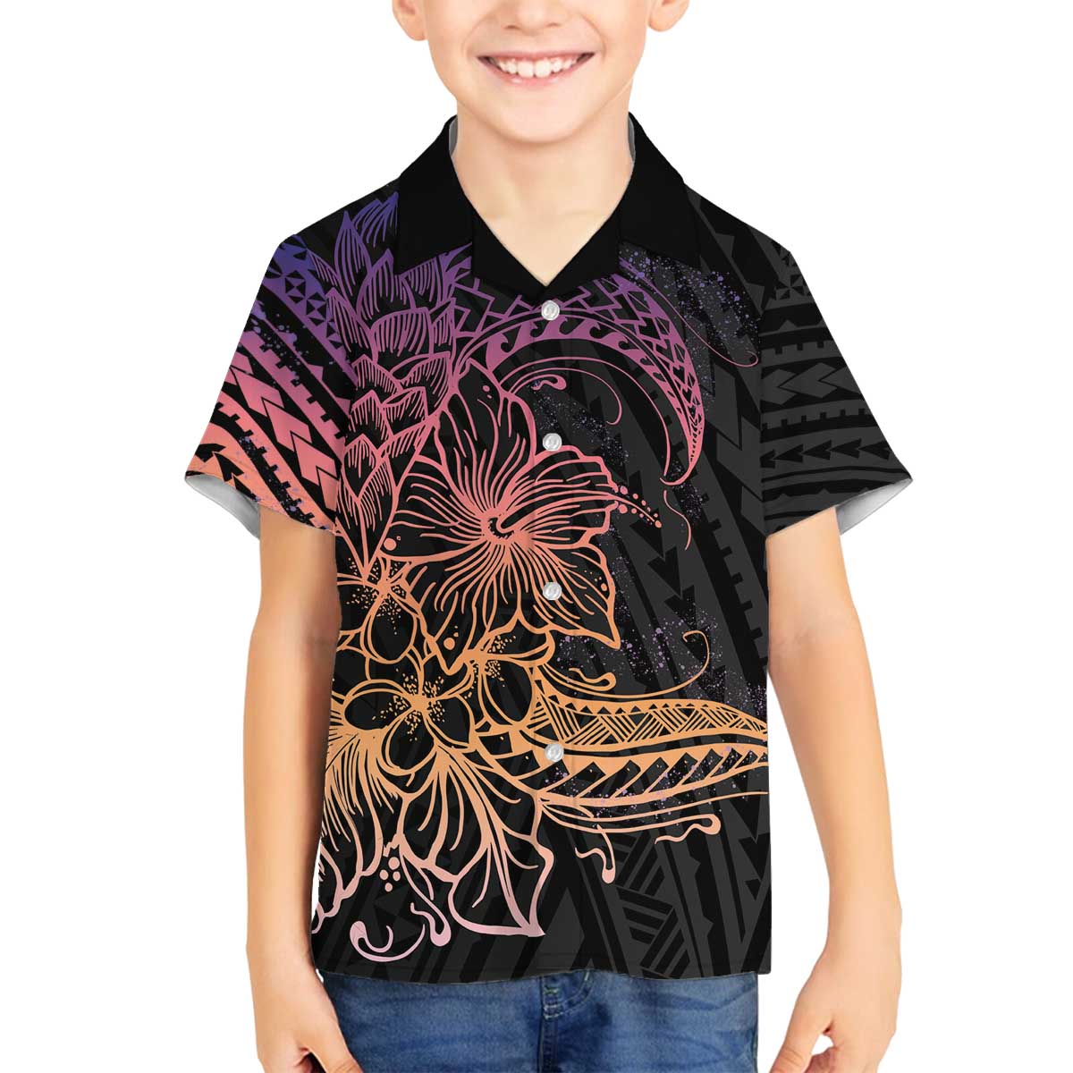 Floral Polynesian Hibiscus Tattoo Family Matching Off The Shoulder Long Sleeve Dress and Hawaiian Shirt Peach Gradient Style LT9 Son's Shirt Peach - Polynesian Pride