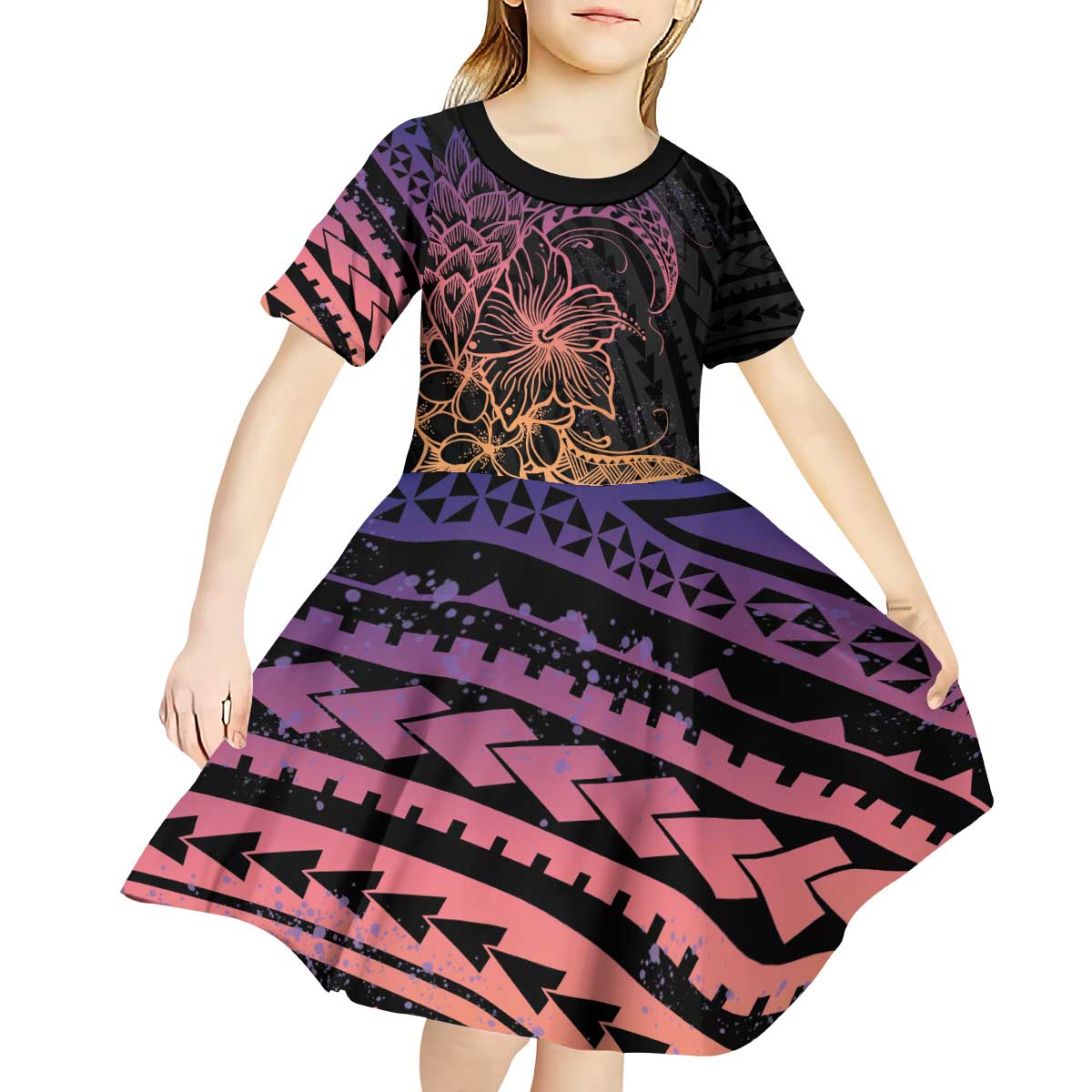Floral Polynesian Hibiscus Tattoo Kid Short Sleeve Dress Peach Gradient Style