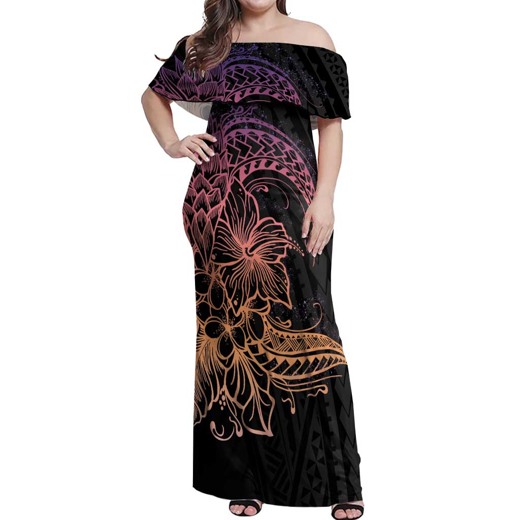 Floral Polynesian Hibiscus Tattoo Off Shoulder Maxi Dress Peach Gradient Style LT9 Women Peach - Polynesian Pride