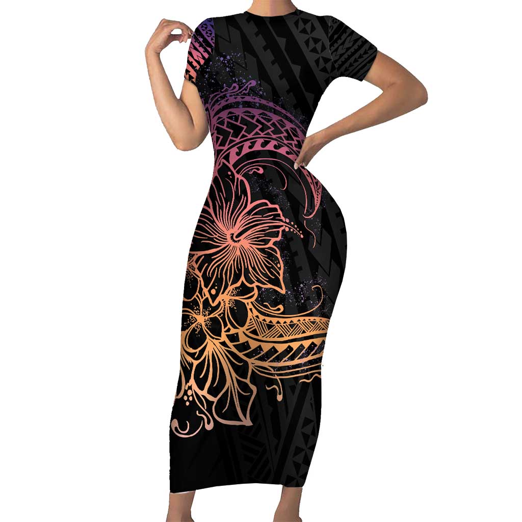 Floral Polynesian Hibiscus Tattoo Short Sleeve Bodycon Dress Peach Gradient Style LT9 Long Dress Peach - Polynesian Pride