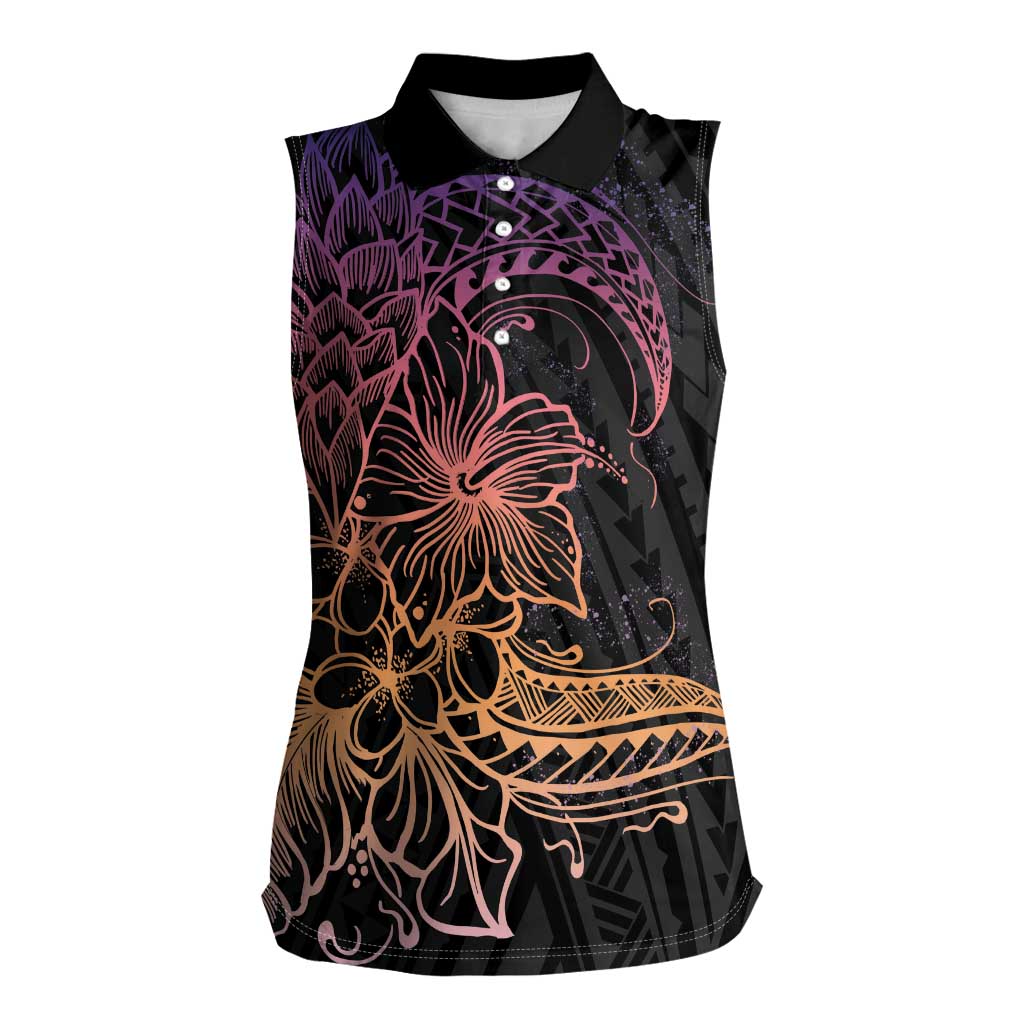 Floral Polynesian Hibiscus Tattoo Women Sleeveless Polo Shirt Peach Gradient Style
