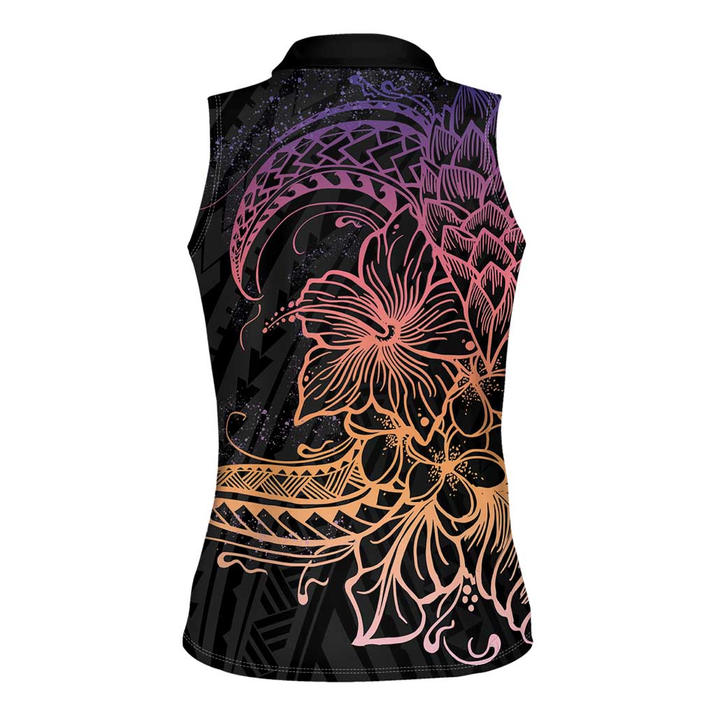Floral Polynesian Hibiscus Tattoo Women Sleeveless Polo Shirt Peach Gradient Style