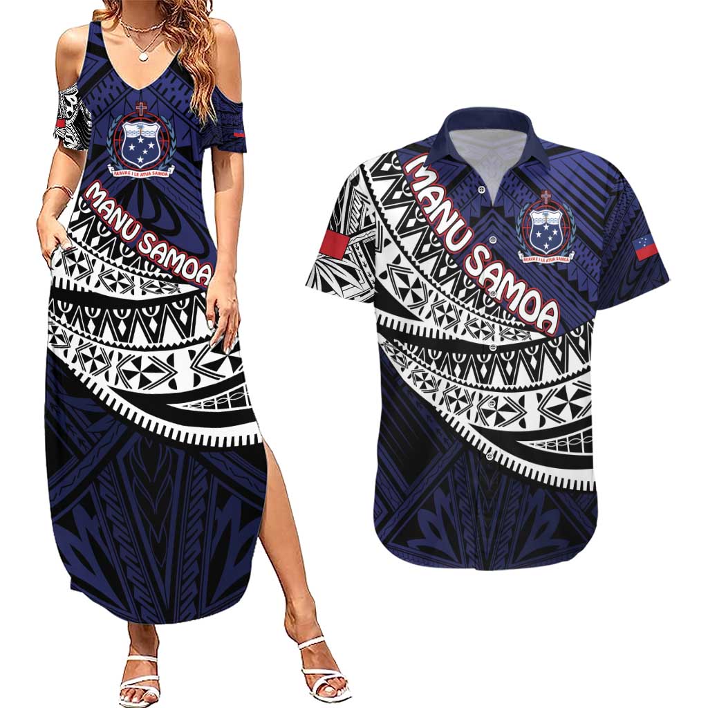 Custom Samoa Rugby Pacific Couples Matching Summer Maxi Dress and Hawaiian Shirt Samoan Warrior Tribal Pattern LT9 Blue - Polynesian Pride