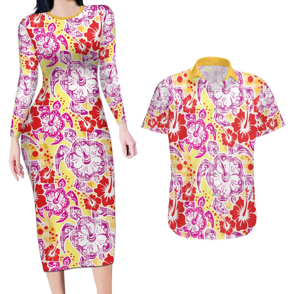 Palaka with Honu and Hibiscus Couples Matching Long Sleeve Bodycon Dress and Hawaiian Shirt Hawaiian Heritage Spirit LT9 Red - Polynesian Pride