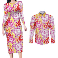 Palaka with Honu and Hibiscus Couples Matching Long Sleeve Bodycon Dress and Long Sleeve Button Shirt Hawaiian Heritage Spirit LT9 Red - Polynesian Pride