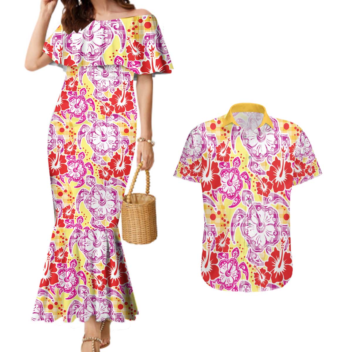 Palaka with Honu and Hibiscus Couples Matching Mermaid Dress and Hawaiian Shirt Hawaiian Heritage Spirit LT9 Red - Polynesian Pride