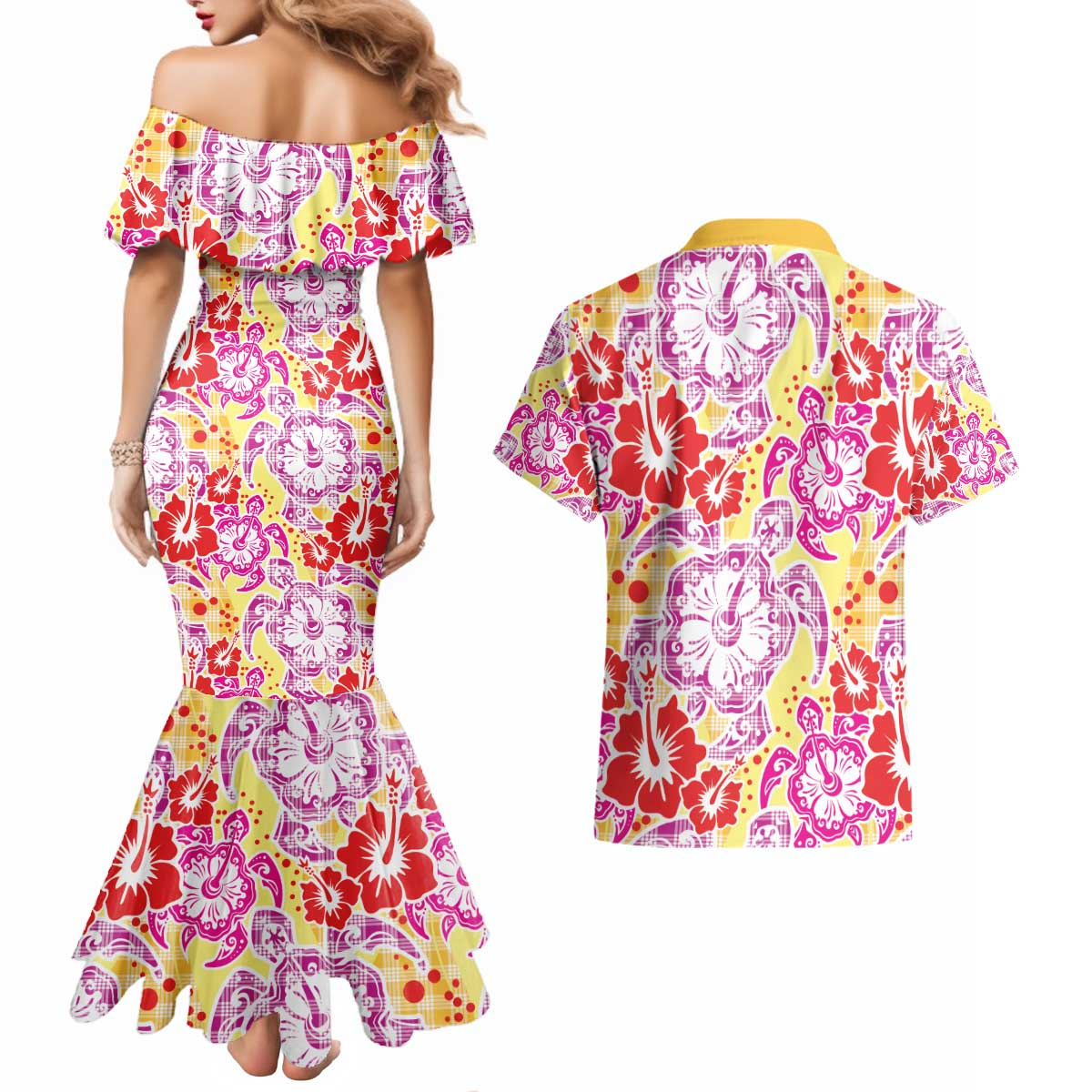 Palaka with Honu and Hibiscus Couples Matching Mermaid Dress and Hawaiian Shirt Hawaiian Heritage Spirit LT9 - Polynesian Pride