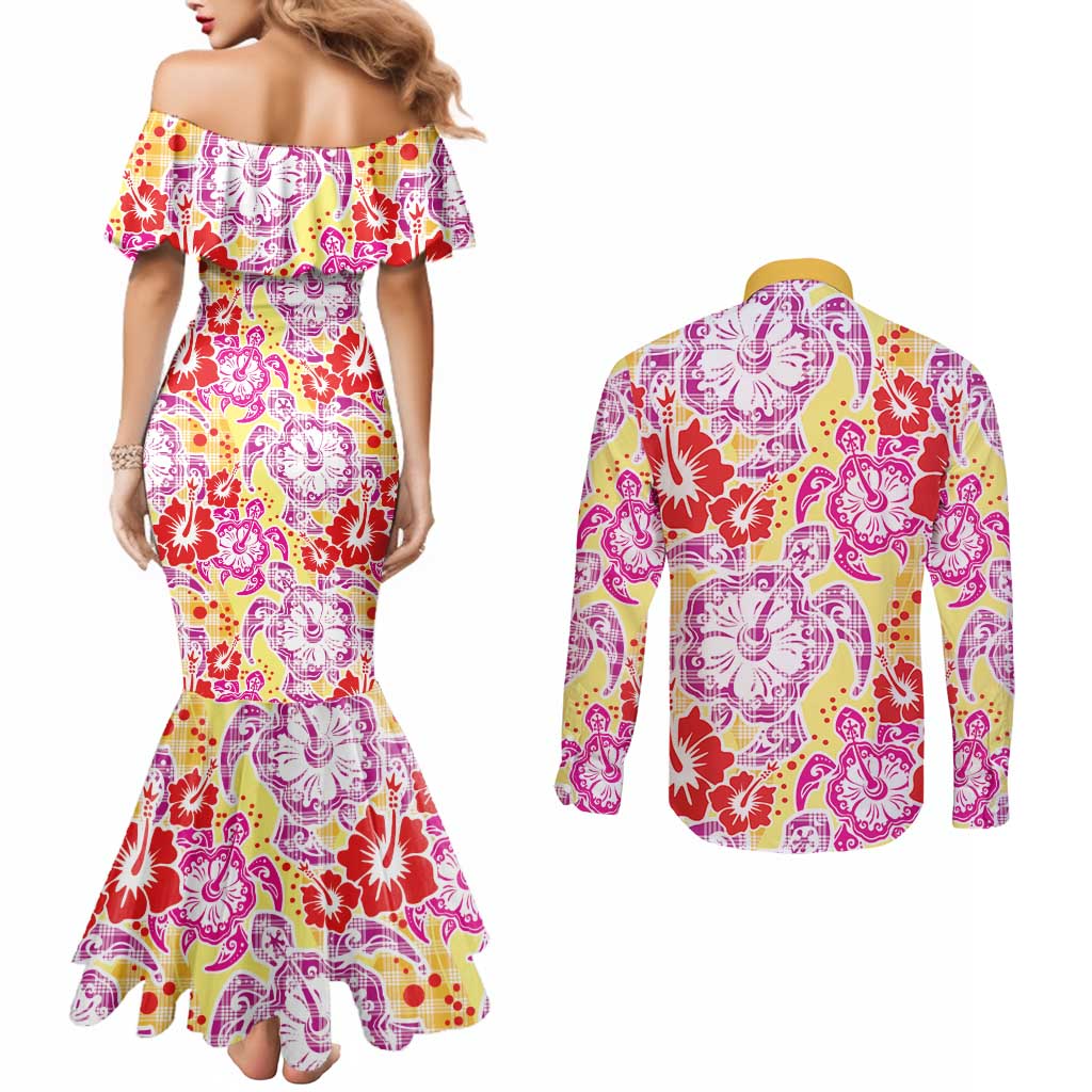 Palaka with Honu and Hibiscus Couples Matching Mermaid Dress and Long Sleeve Button Shirt Hawaiian Heritage Spirit - Polynesian Pride