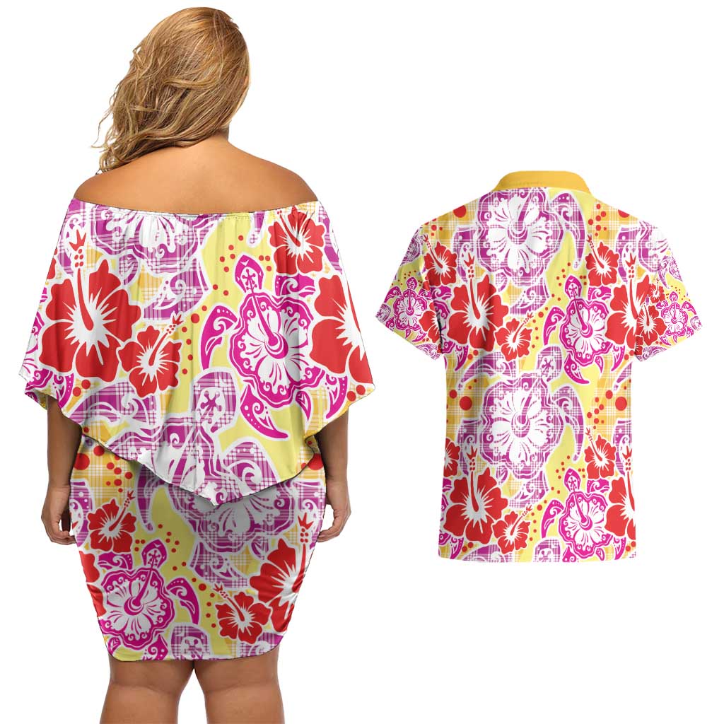 Palaka with Honu and Hibiscus Couples Matching Off Shoulder Short Dress and Hawaiian Shirt Hawaiian Heritage Spirit LT9 - Polynesian Pride