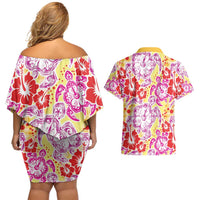 Palaka with Honu and Hibiscus Couples Matching Off Shoulder Short Dress and Hawaiian Shirt Hawaiian Heritage Spirit LT9 - Polynesian Pride