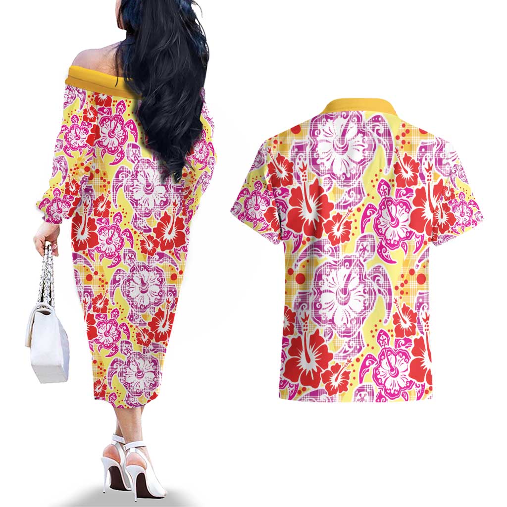 Palaka with Honu and Hibiscus Couples Matching Off The Shoulder Long Sleeve Dress and Hawaiian Shirt Hawaiian Heritage Spirit LT9 - Polynesian Pride
