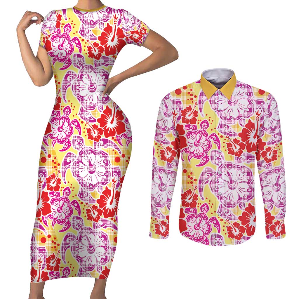 Palaka with Honu and Hibiscus Couples Matching Short Sleeve Bodycon Dress and Long Sleeve Button Shirt Hawaiian Heritage Spirit LT9 Red - Polynesian Pride