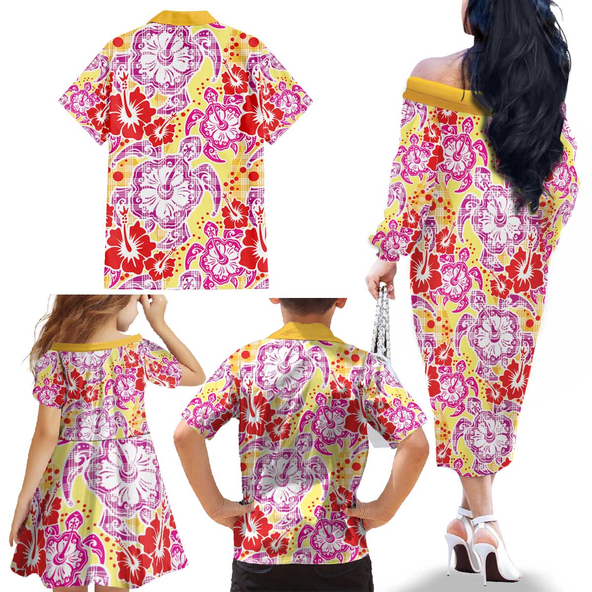 Palaka with Honu and Hibiscus Family Matching Off The Shoulder Long Sleeve Dress and Hawaiian Shirt Hawaiian Heritage Spirit LT9 - Polynesian Pride