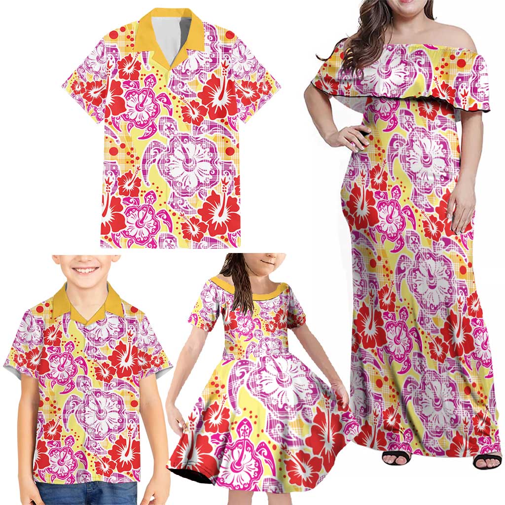 Palaka with Honu and Hibiscus Family Matching Off Shoulder Maxi Dress and Hawaiian Shirt Hawaiian Heritage Spirit LT9 - Polynesian Pride