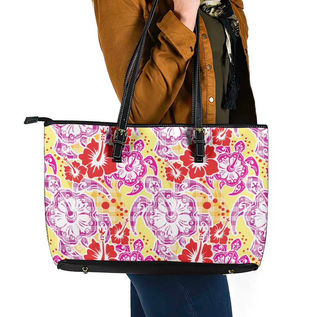 Palaka with Honu and Hibiscus Leather Tote Bag Hawaiian Heritage Spirit - Polynesian Pride