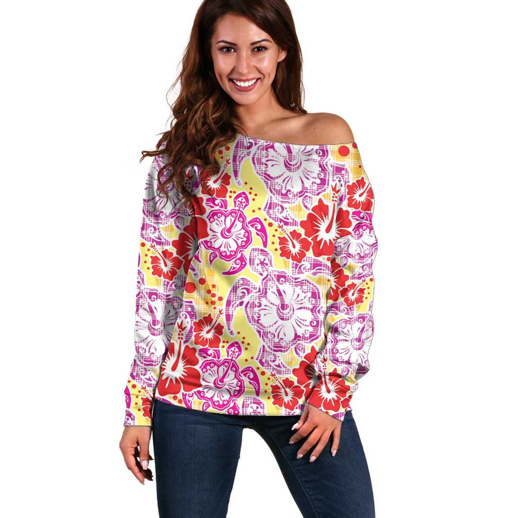 Palaka with Honu and Hibiscus Off Shoulder Sweater Hawaiian Heritage Spirit LT9 Women Red - Polynesian Pride