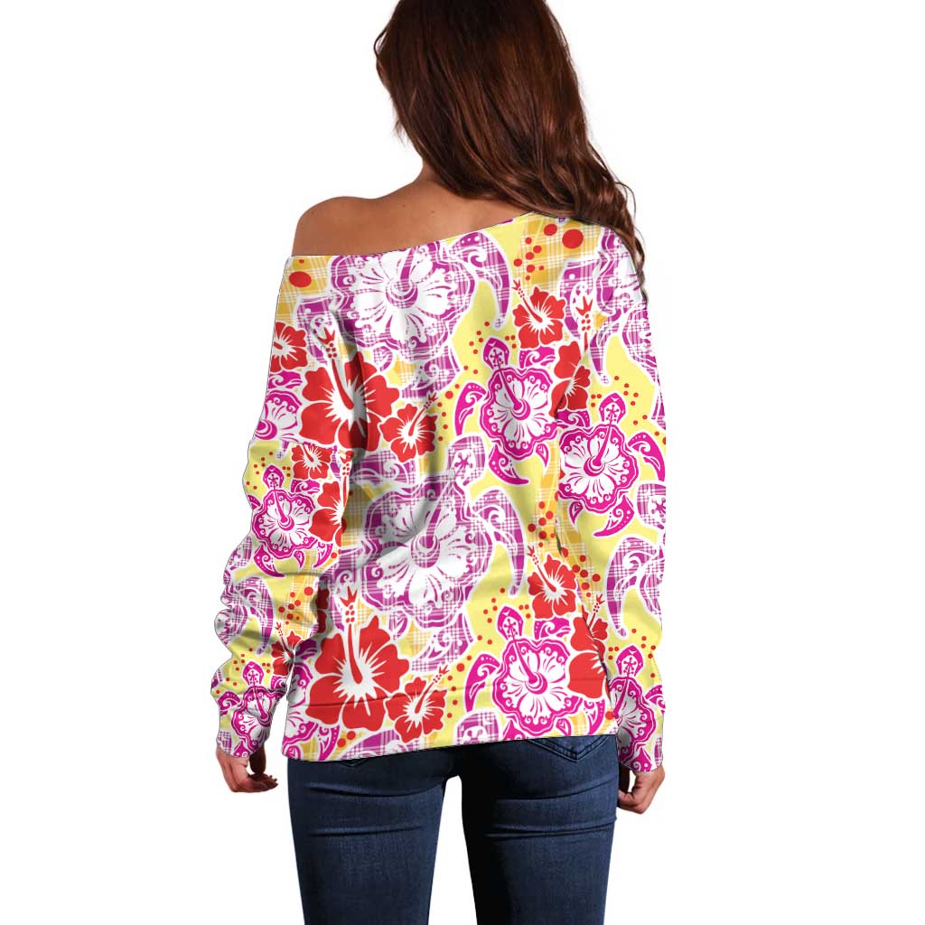 Palaka with Honu and Hibiscus Off Shoulder Sweater Hawaiian Heritage Spirit LT9 - Polynesian Pride