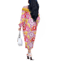 Palaka with Honu and Hibiscus Off The Shoulder Long Sleeve Dress Hawaiian Heritage Spirit - Polynesian Pride