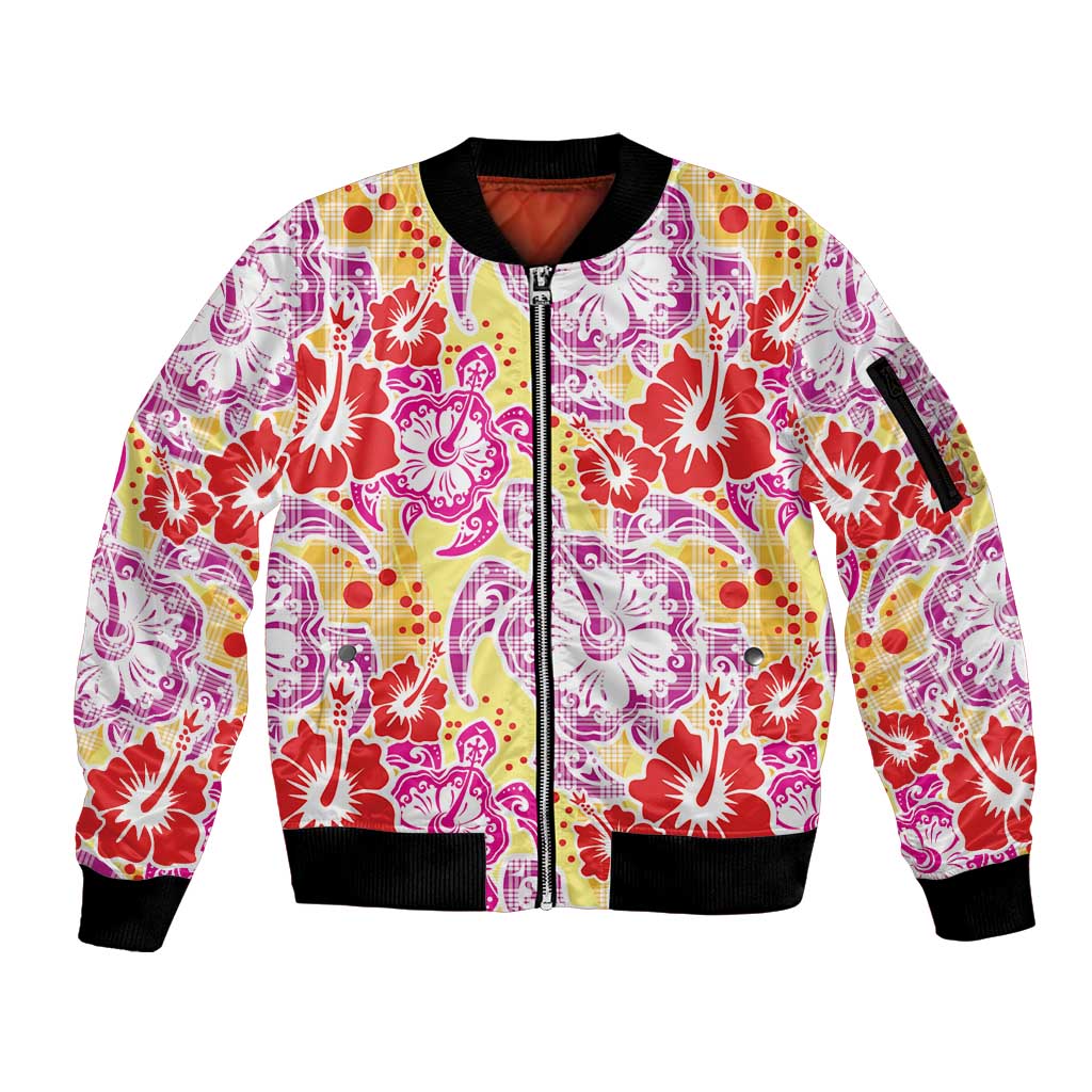 Palaka with Honu and Hibiscus Sleeve Zip Bomber Jacket Hawaiian Heritage Spirit LT9 Unisex Red - Polynesian Pride