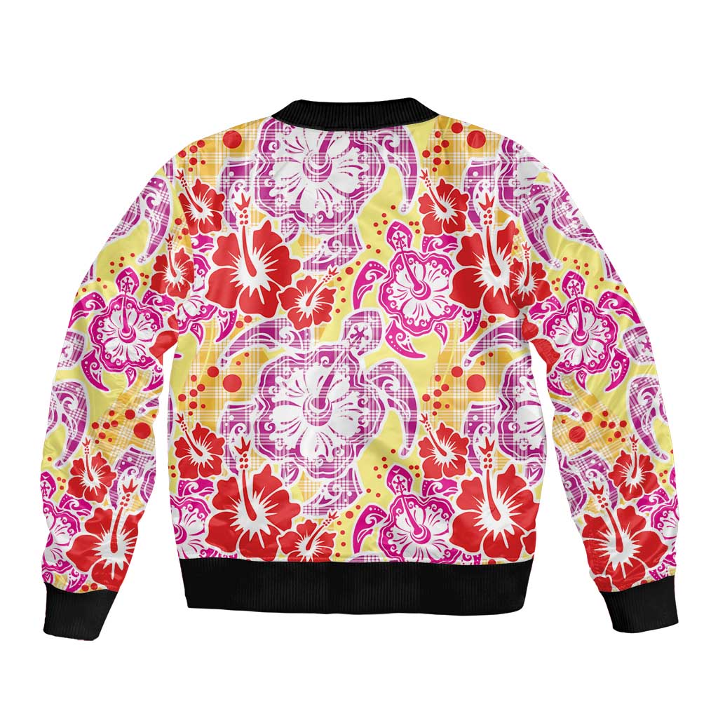 Palaka with Honu and Hibiscus Sleeve Zip Bomber Jacket Hawaiian Heritage Spirit LT9 - Polynesian Pride