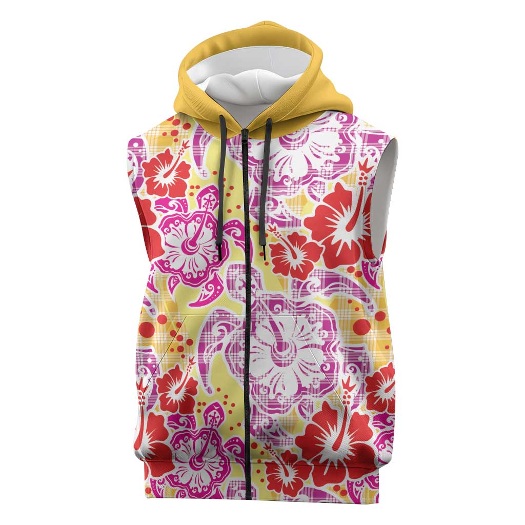 Palaka with Honu and Hibiscus Sleeveless Zip Hoodie Hawaiian Heritage Spirit - Polynesian Pride