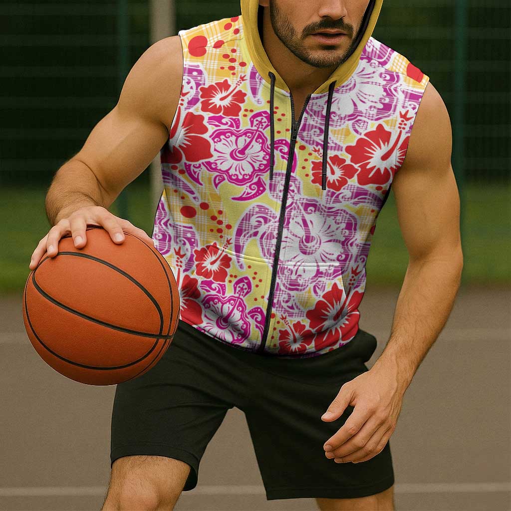Palaka with Honu and Hibiscus Sleeveless Zip Hoodie Hawaiian Heritage Spirit - Polynesian Pride