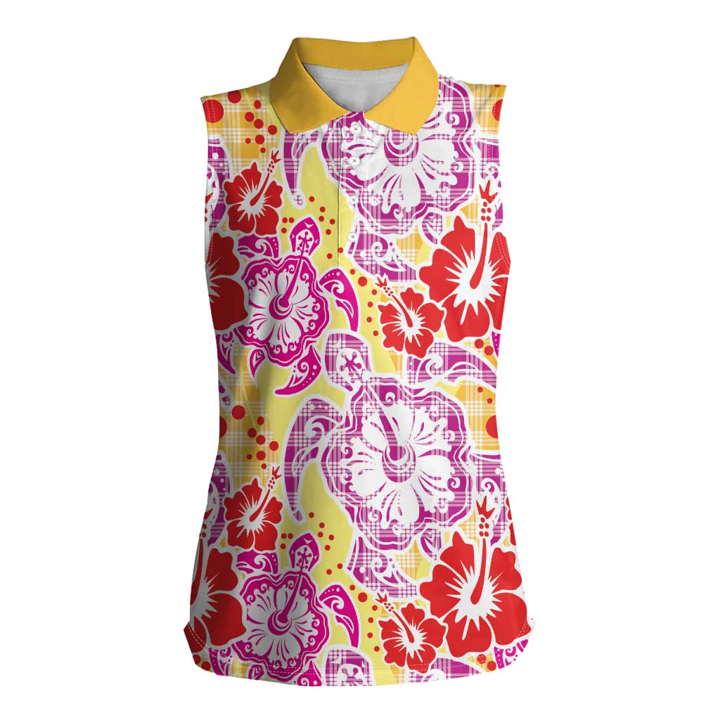 Palaka with Honu and Hibiscus Women Sleeveless Polo Shirt Hawaiian Heritage Spirit - Polynesian Pride