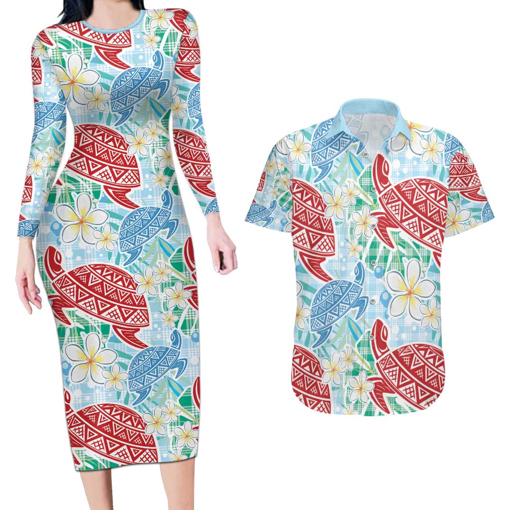 Palaka with Honu and Plumeria Couples Matching Long Sleeve Bodycon Dress and Hawaiian Shirt Hawaiian Heritage Spirit LT9 Blue - Polynesian Pride