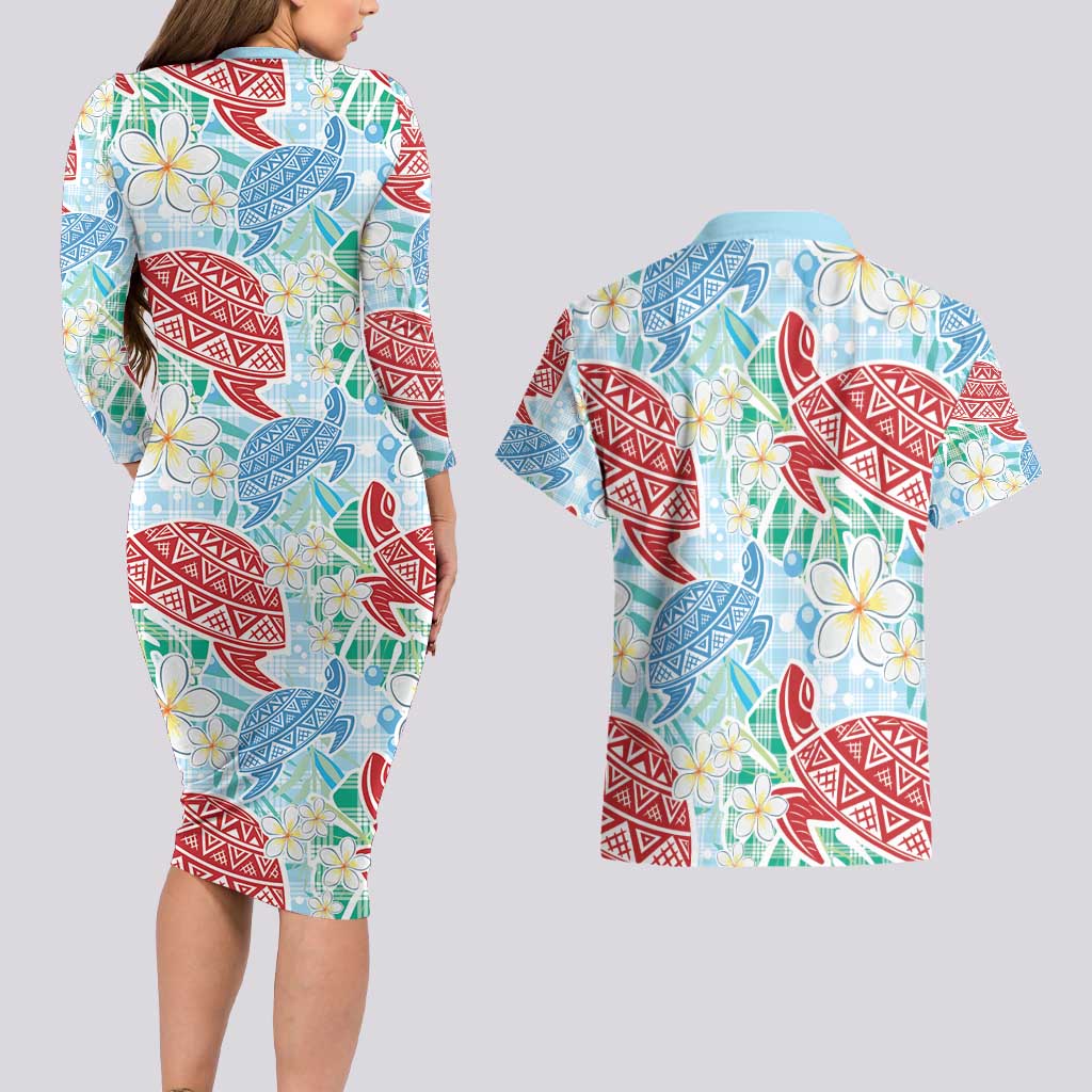 Palaka with Honu and Plumeria Couples Matching Long Sleeve Bodycon Dress and Hawaiian Shirt Hawaiian Heritage Spirit LT9 - Polynesian Pride