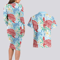 Palaka with Honu and Plumeria Couples Matching Long Sleeve Bodycon Dress and Hawaiian Shirt Hawaiian Heritage Spirit LT9 - Polynesian Pride