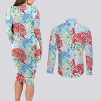 Palaka with Honu and Plumeria Couples Matching Long Sleeve Bodycon Dress and Long Sleeve Button Shirt Hawaiian Heritage Spirit LT9 - Polynesian Pride