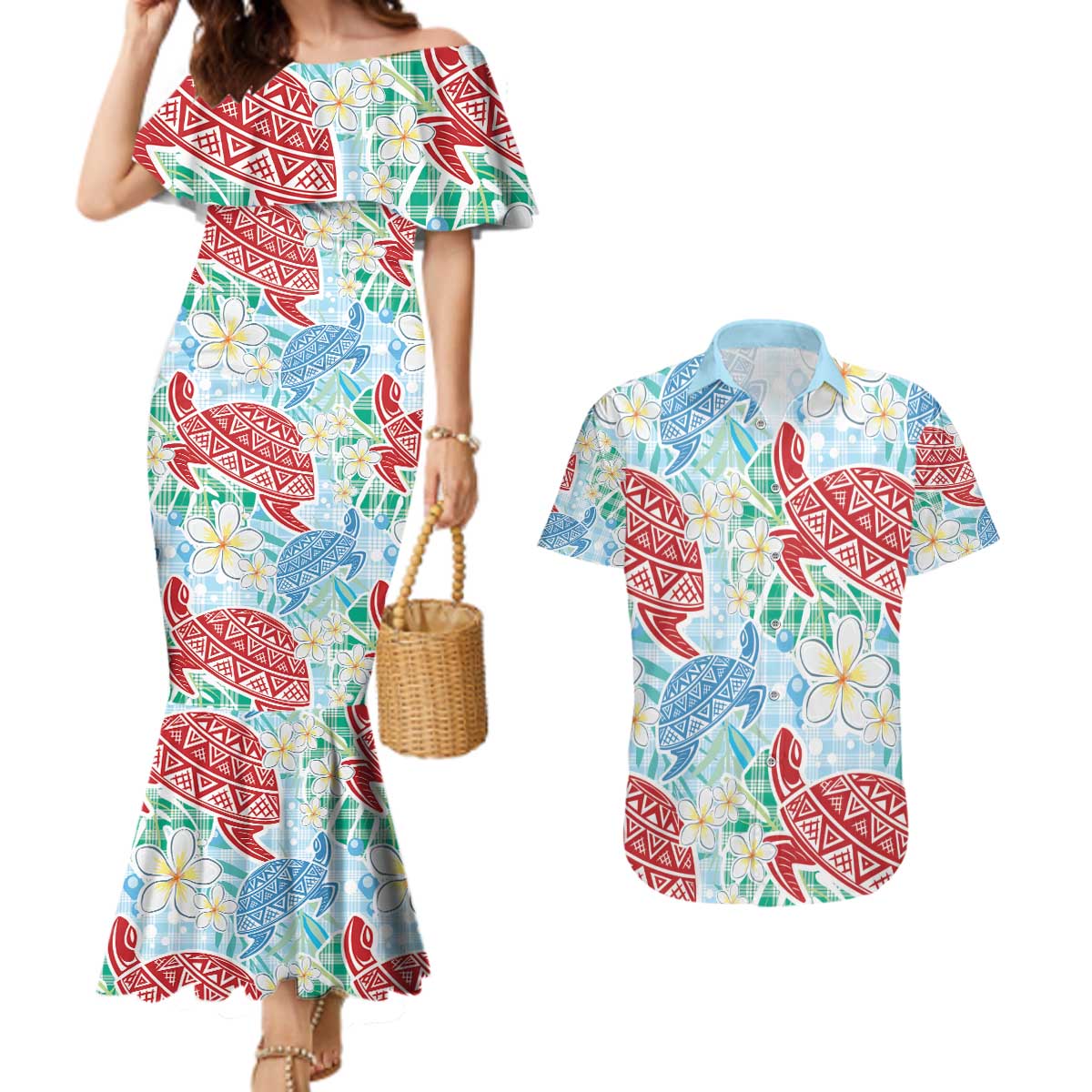 Palaka with Honu and Plumeria Couples Matching Mermaid Dress and Hawaiian Shirt Hawaiian Heritage Spirit LT9 Blue - Polynesian Pride