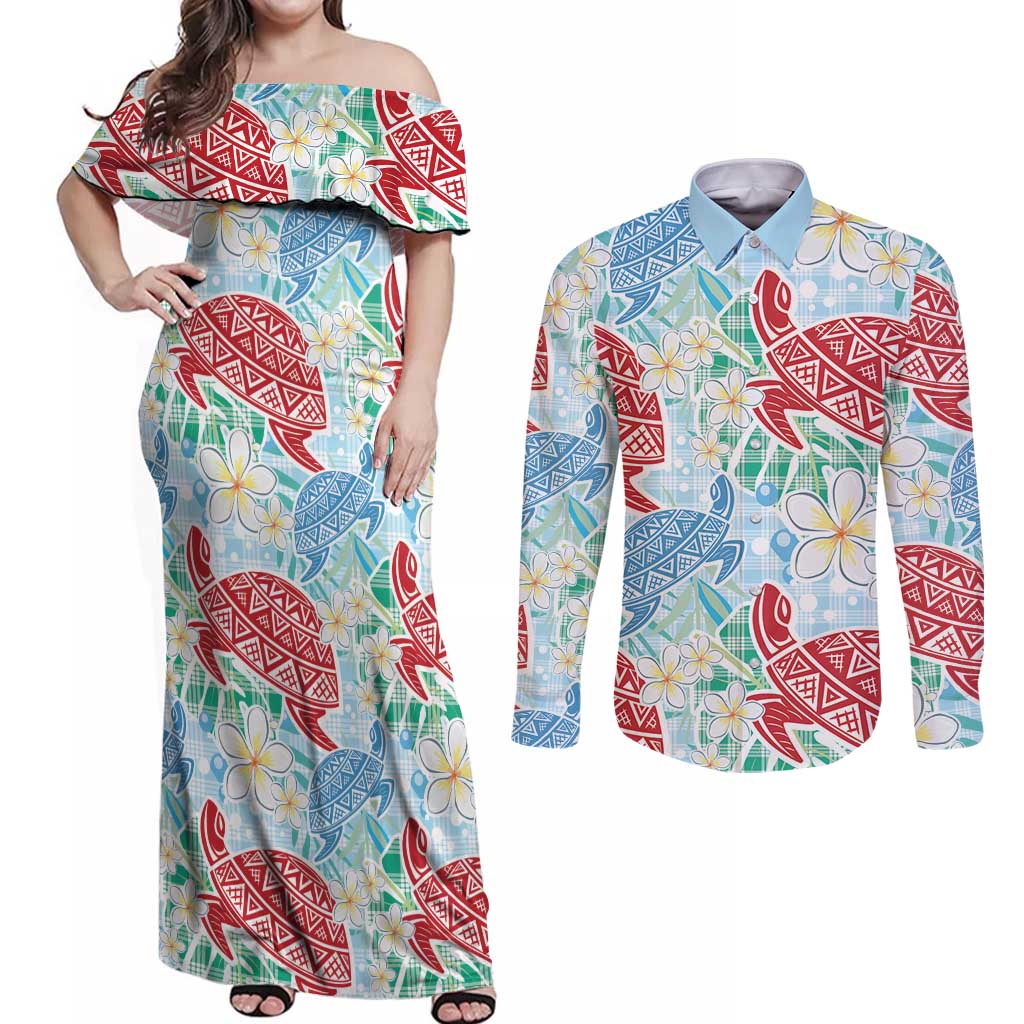 Palaka with Honu and Plumeria Couples Matching Off Shoulder Maxi Dress and Long Sleeve Button Shirt Hawaiian Heritage Spirit - Polynesian Pride