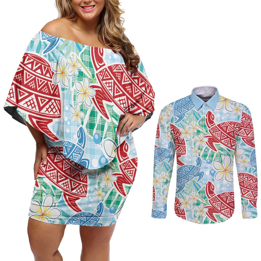 Palaka with Honu and Plumeria Couples Matching Off Shoulder Short Dress and Long Sleeve Button Shirt Hawaiian Heritage Spirit - Polynesian Pride