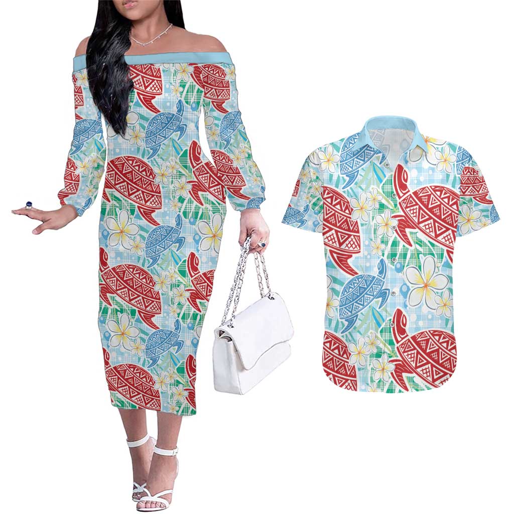 Palaka with Honu and Plumeria Couples Matching Off The Shoulder Long Sleeve Dress and Hawaiian Shirt Hawaiian Heritage Spirit LT9 Blue - Polynesian Pride