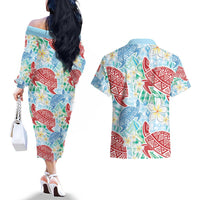 Palaka with Honu and Plumeria Couples Matching Off The Shoulder Long Sleeve Dress and Hawaiian Shirt Hawaiian Heritage Spirit LT9 - Polynesian Pride